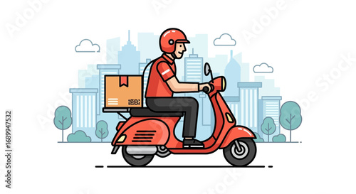Delivery Man Riding Scooter with Parcel
