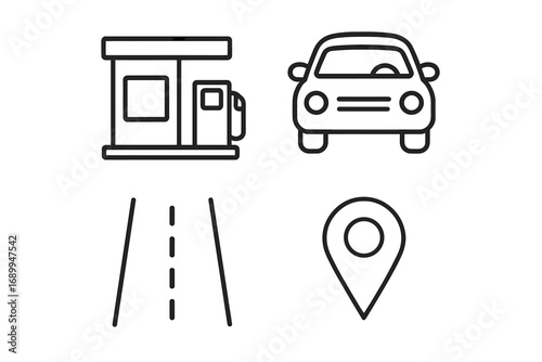 Car travel and navigation icon set. Gas station, automobile, road, and map pin location marker. Vector line art for transport, driving, route planning, and destination concepts.