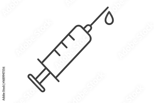 Syringe vector icon. Medical injection concept. Vaccination, immunization, treatment. Needle with a medicine drop. Health care symbol. Drug or vaccine shot. Minimal line art.