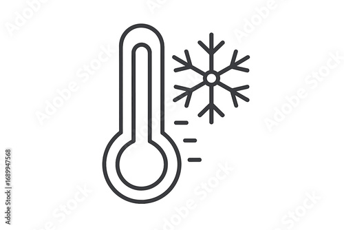 Thermometer with snowflake vector icon. Cold, winter, freezing temperature concept. Frosty weather, meteorology forecast symbol. Minimal outline illustration for climate science.