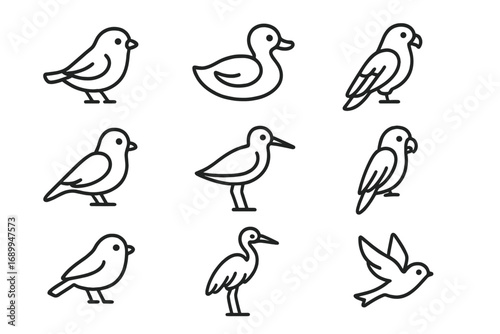 Birds outline icon set. Avian wildlife collection in thin line style. Vector graphic elements for nature projects. Includes duck, parrot, heron, and swallow symbols. Minimal logo.