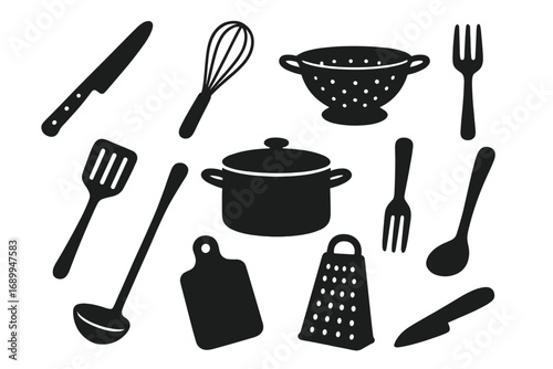 Kitchen utensil icon set in black silhouette style. Vector collection of cooking tools like knife, whisk, colander, pot, spatula, ladle, cutting board, and grater. Cookware.