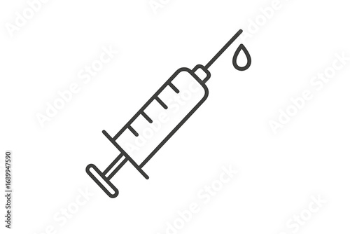 Syringe icon vector. Minimalistic thin line art. Medical injection, vaccination, or blood test concept. Health care, medicine, and treatment symbol. Needle with drop.