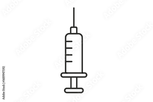 Syringe injection icon. Vaccine, vaccination, and immunization concept. Medical tool for health care and treatment. Simple line art illustration of a shot, dose, and medicine.