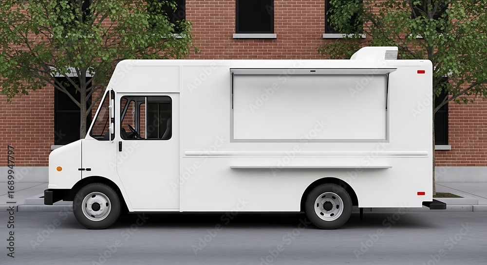 Naklejka premium White Food Truck in Front of Brick Building.