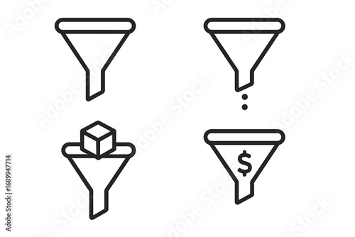 Simple funnel icons set, minimal line art funnel symbols for graphic design, business, marketing, sales, finance, data filtering, vector cartoon illustration with transparent background