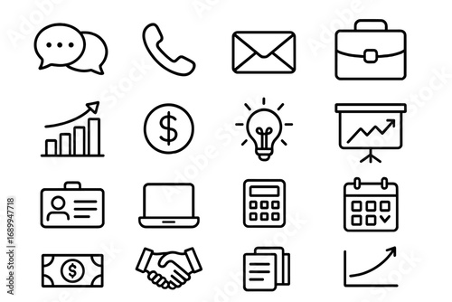 Business and finance line icon set. Office, communication, and marketing essentials. Vector icons for web, UI, UX. Growth, strategy, and management symbols. Isolated.