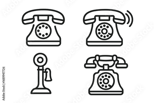 Vintage phone icons set. Modern outline style for design, web, apps, social media, communication. Retro telephone, rotary dial, handset. Transparent background vector. Cartoon illustration collection.