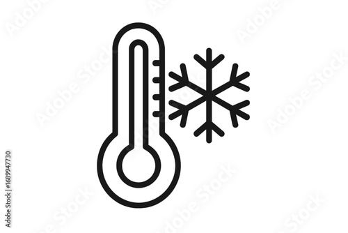 Thermometer with snowflake vector icon. Minimal line art. Cold weather sign. Winter season symbol. Freezing, frost, chilly climate concept. Meteorology forecast illustration.
