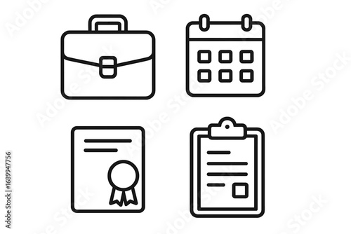 Business office linear icon set. Essential work items: briefcase, calendar, certificate, clipboard. Vector concepts for management, schedule, document, award, and portfolio.