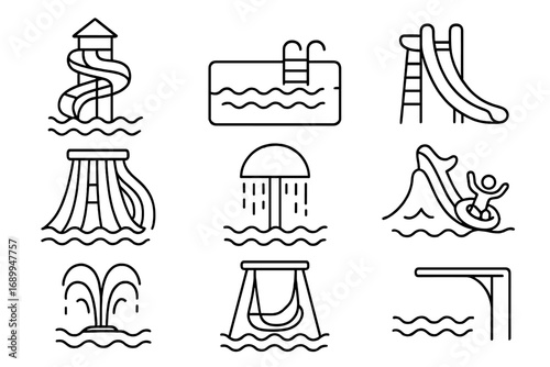 Water Park Aquapark Swimming Pool Diving Outline Icon Set. Vector Cartoon Illustrations for Web Design, App Interface, Advertising, Summer Vacation, Family Fun, Recreation, Aqua Attraction
