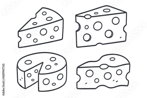 Set of cheese line icons. Vector illustration of swiss cheese wedge, slice and wheel. Cartoon doodle outline for logo, food concept or graphic design element. Isolated dairy food.