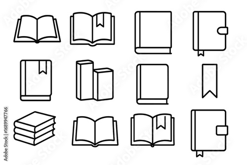 Book line icon collection. Vector symbols for graphic and web design, apps. Education, learning, library, reading concept. Outline icons of textbook, literature, knowledge, study.