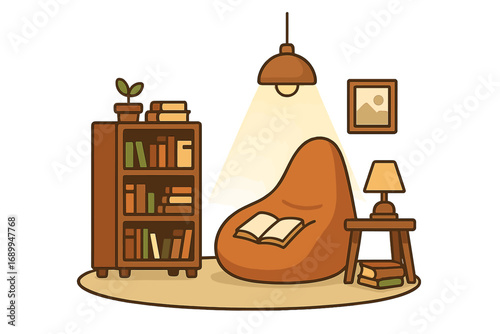 Cozy reading nook with bean bag and bookshelf. Home interior furniture for relaxation. Hygge concept. Vector cartoon illustration of a quiet corner for reading and studying.