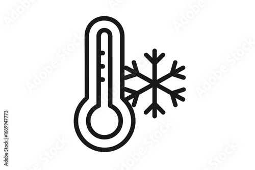 Cold weather thermometer icon with snowflake. Freezing temperature symbol. Winter season, frost and snow concept. Minimalistic thin line vector for web and graphic design.