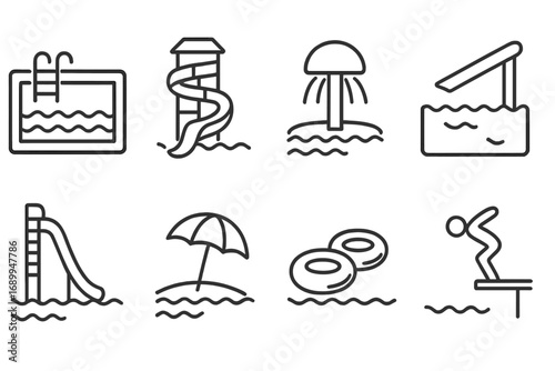 Water park icons set, aquapark outline symbols, swimming pool, slides, diving board, splash fountain, umbrella, float rings, recreation and summer leisure poolside vector illustration for web and ads