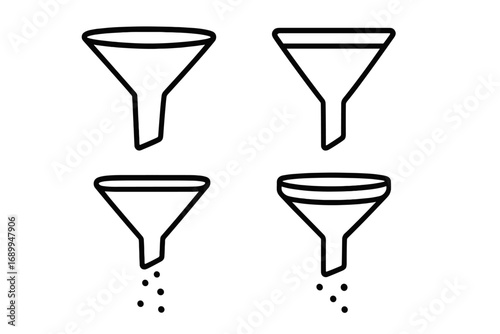 Set of four thin line funnel icons for web design, apps, books, and cards with transparent background, vector cartoon illustration, symbolizing filtration, sorting, and process flow