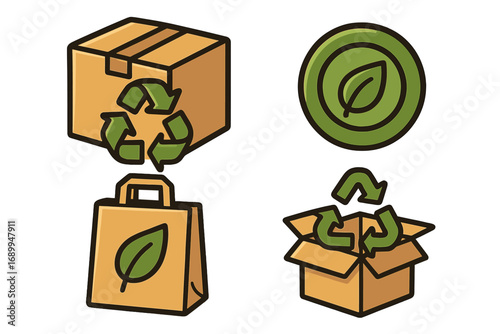 Eco friendly packaging icon set. Sustainable and recyclable materials concept. Vector cartoon illustration of cardboard box and paper bag with recycle and leaf symbols. Reuse.