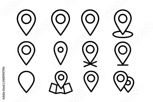 Map pin line icon set. Location marker, navigation pointer, and GPS destination signs. Vector outline symbols for web, mobile apps, UI, UX, and graphic design. Minimalist style.