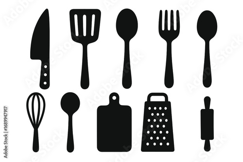 Kitchen tools silhouette icon set. Minimalist vector graphics for culinary design projects. Cooking utensil collection with knife, spatula, spoon, fork, whisk, grater.