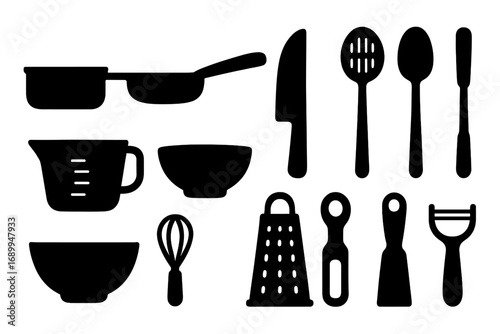 Kitchen utensil silhouette icon collection. Cooking and food preparation tools. Minimalist vector set with pan, bowl, knife, whisk, grater for culinary design projects.