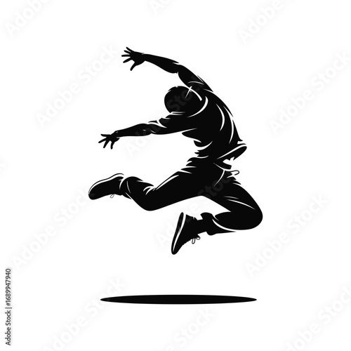 Energetic Silhouette Illustration of a Male Breakdancer Jumping on White Background Art