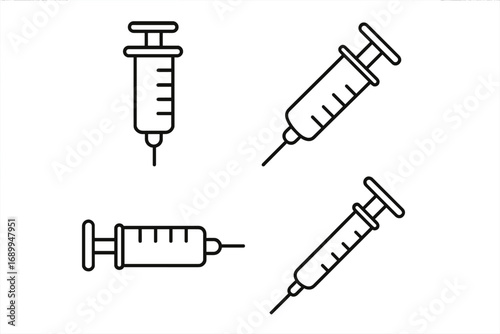 Syringe icon set. Medical injection, vaccine, and vaccination concept. Health care and medicine symbol. Linear vector illustration for flu shot, immunization, or treatment.