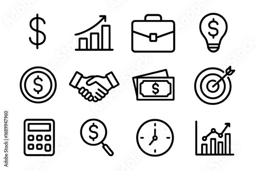 Business and finance line icon set. Vector symbols for money, investment, growth, and economic analysis. Simple outline icons for profit, strategy, deals, and financial success.