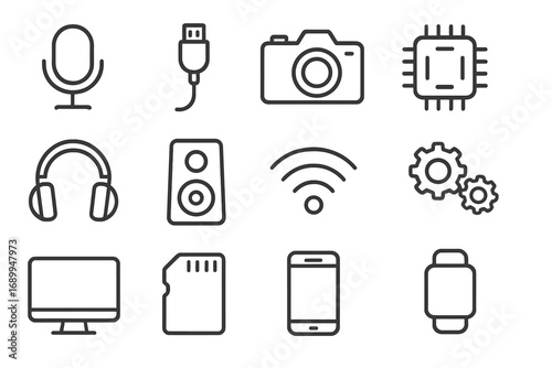 Microphone USB Cable Camera Computer Chip Simple Icon Set. Editable Stroke Electronics Technology Devices. Perfect for Infographics, Articles, Books, Flyers, Banners, Cards, Presentations