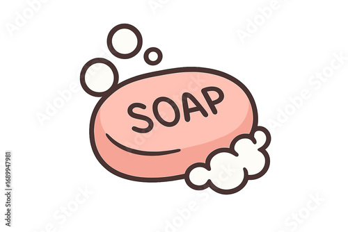 Cartoon soap bar with bubbles vector illustration. Cute icon for hygiene, cleaning, and personal care. Washing hands, bathroom, and skincare concept. Graphic element isolated.
