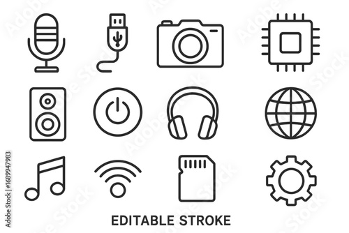 Microphone USB cable camera chip technology device icons set. Editable stroke outline collection. Vector cartoon. Infographics articles flyers banners electronic equipment media hardware concept.
