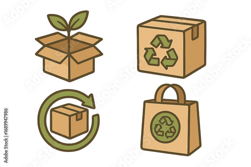 Eco friendly packaging icon set. Sustainable and recyclable materials concept. Vector illustration of a cardboard box and paper bag. Biodegradable, reusable, circular economy symbols.