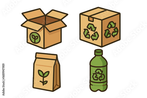 Eco friendly packaging icon set. Sustainable materials and recycling symbols. Biodegradable, compostable and zero waste concept. Cardboard box, paper bag, plastic bottle vector.
