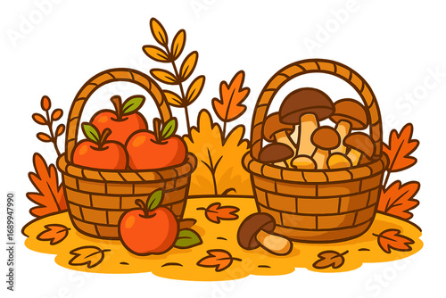 Autumn harvest baskets with red apples and forest mushrooms. Vector cartoon illustration of a seasonal fall fair or market. Fresh organic food concept isolated on white.