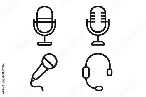 Microphone line icon set. Vector pictograms for podcast, audio record, broadcast, music studio, interview, and voice communication. Includes headset for call center support.