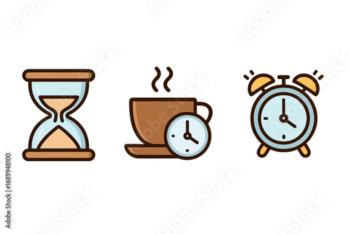 Time Management Icon Set with Hourglass, Coffee Break, and Alarm Clock Symbols for Productivity, Planning, App Design, and Workflow Concepts, Vector Cartoon Illustration