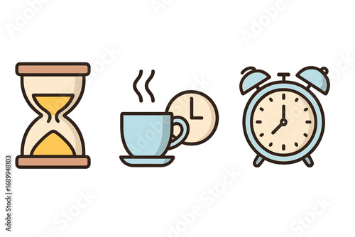 Time and Break Icons Set with Hourglass Countdown, Coffee Break Cup, and Retro Alarm Clock Vector Illustration for Apps, Concepts, and Graphic Design with Transparent Background