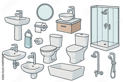 Vector cartoon illustration set of bathroom furniture and plumbing fixtures. A collection of isolated icons: toilet, sink, shower, bathtub, mirror, faucet for interior design.