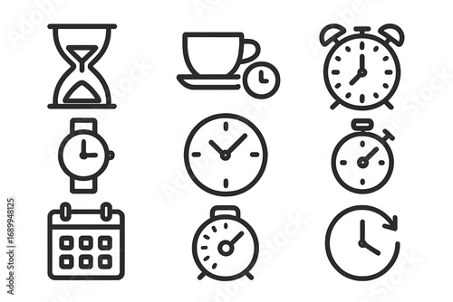 Time Icon Collection with Hourglass, Coffee Break, Alarm Clock, Wristwatch, Calendar, Stopwatch, and Timer Symbols for Apps, Graphics, Concepts, and Vector Illustrations with Transparent Background
