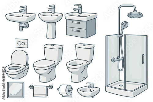 Bathroom furniture vector icon set. Sanitary ware cartoon collection. Toilet, sink, shower cabin, bidet, faucet. Plumbing fixtures illustration for interior design or home improvement.