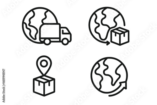 Global delivery icons set in modern outline style, featuring truck, package, location pin, and worldwide shipping concepts for design, cards, apps, social networks, vector illustration
