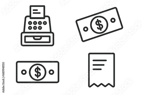 Money line icon collection. Cash register, dollar bill, and receipt outline signs. Vector symbols for finance, shopping, and payment. For web, UI, and graphic design.