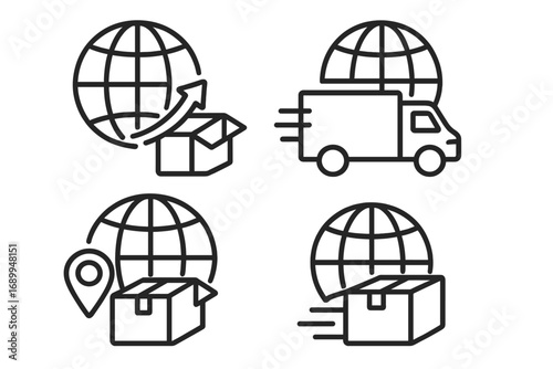Global delivery vector icons set, outline logistics and shipping symbols for graphic design, web, apps, adverts, and various cards, international freight and package transportation illustration