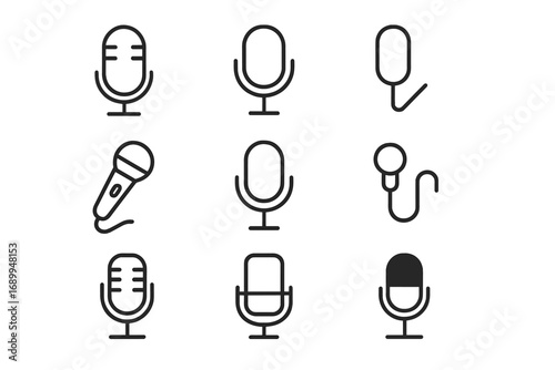 Microphone line icon set for podcast, radio, and broadcast. Vector audio recording symbols. Sound and voice equipment for studio, music, interview. Web and app graphics.