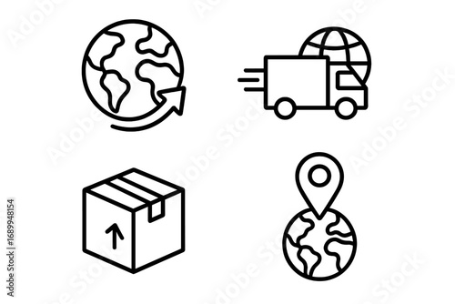 Global delivery outline icons set with earth, truck, package, and location pin, vector cartoon illustration for graphic design, web, apps, adverts, and various card concepts