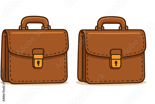 Set of two brown leather briefcases. Classic business portfolio bag for documents. Professional work accessory icon. Vector cartoon illustration isolated on white background.