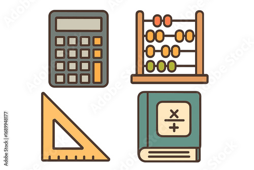 Math education icon set. Vector cartoon illustration of calculator, abacus, triangle ruler, book. Flat design elements for school, learning, calculation, and geometry concepts.