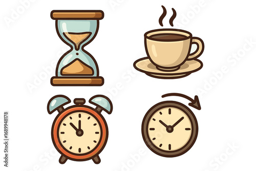 Time Icons Bundle with Hourglass, Coffee Break, Alarm Clock, and Time Management Concepts. Vector Cartoon Illustration for Apps, Graphics, and Productivity Designs.