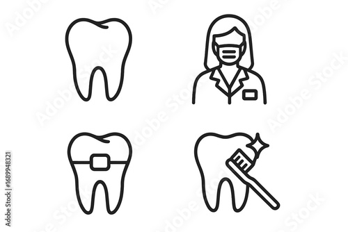 Tooth and Dentistry Icon Pack with Braces and Cleaning Symbols, Minimalistic Linear Pictograms for Web, Graphic Design, Apps, Banners, Social Media, and Cards Vector Set