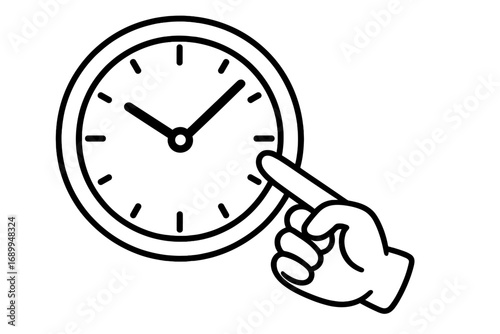 Hand Pointing at Clock Outline Illustration for Graphic Design, Apps, Adverts, Various Cards, Vector Cartoon Style with Transparent Background, Time Management and Reminder Concept